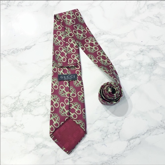 Gucci Red Pale Green Large Horsebit Silk Tie EUC - Picture 3 of 6